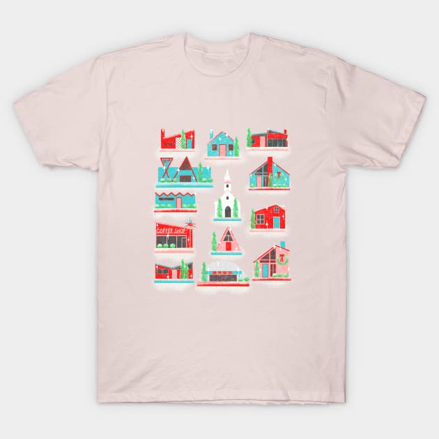 Red, Turquoise and Pink Putz village with snow T-Shirt by jenblove